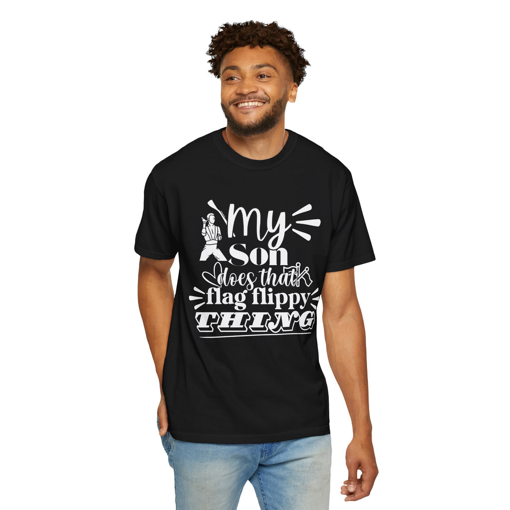 My son does that flippy flag thing- Funny Color guard T-shirt