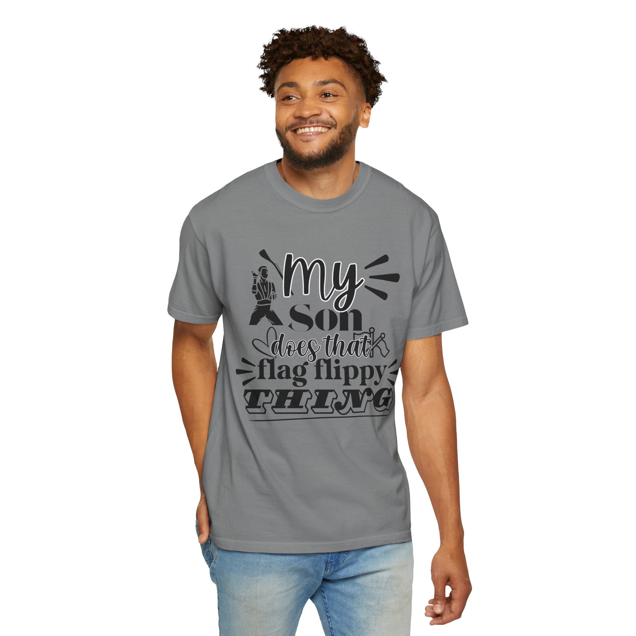 My son does that flippy flag thing- Funny Color guard T-shirt