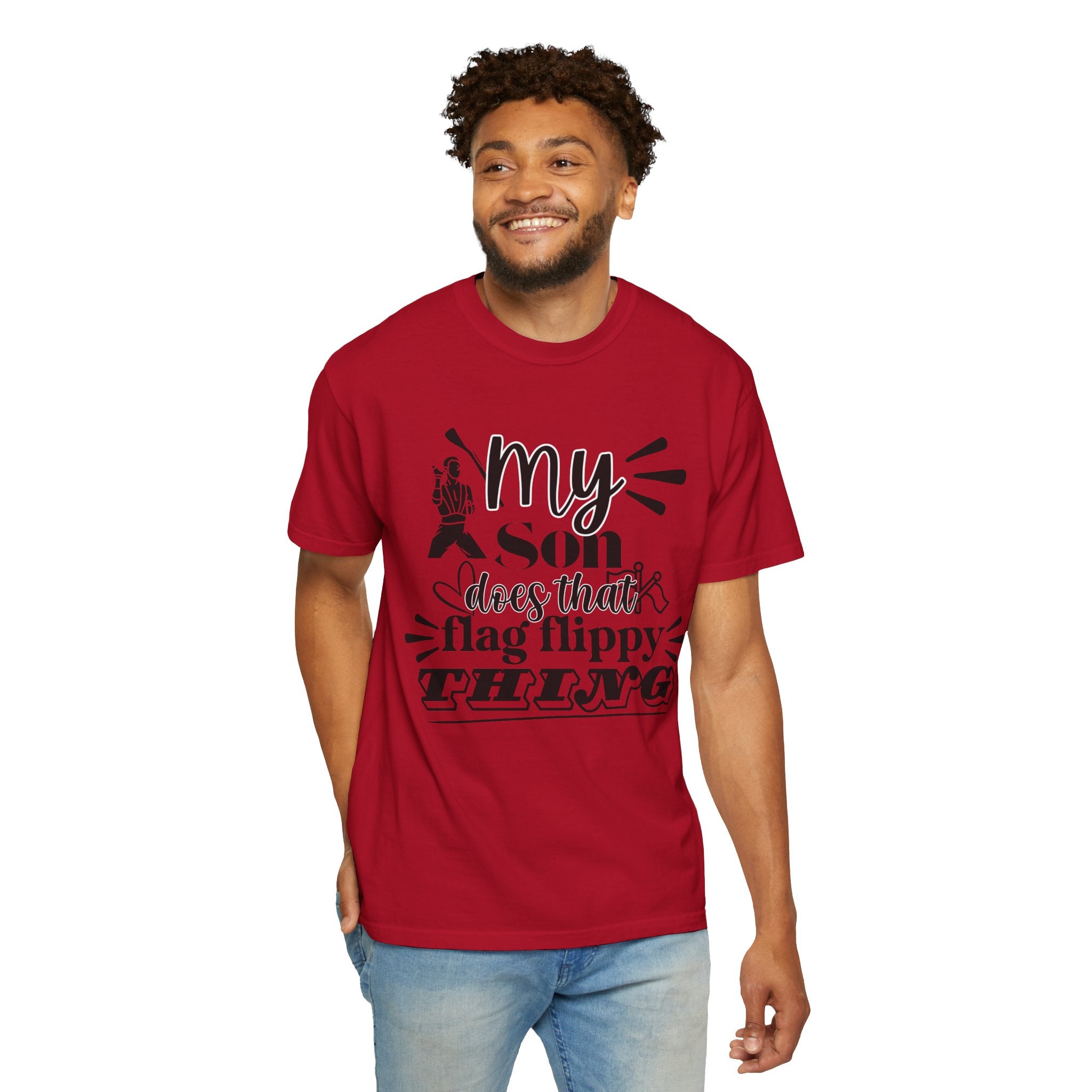 My son does that flippy flag thing- Funny Color guard T-shirt