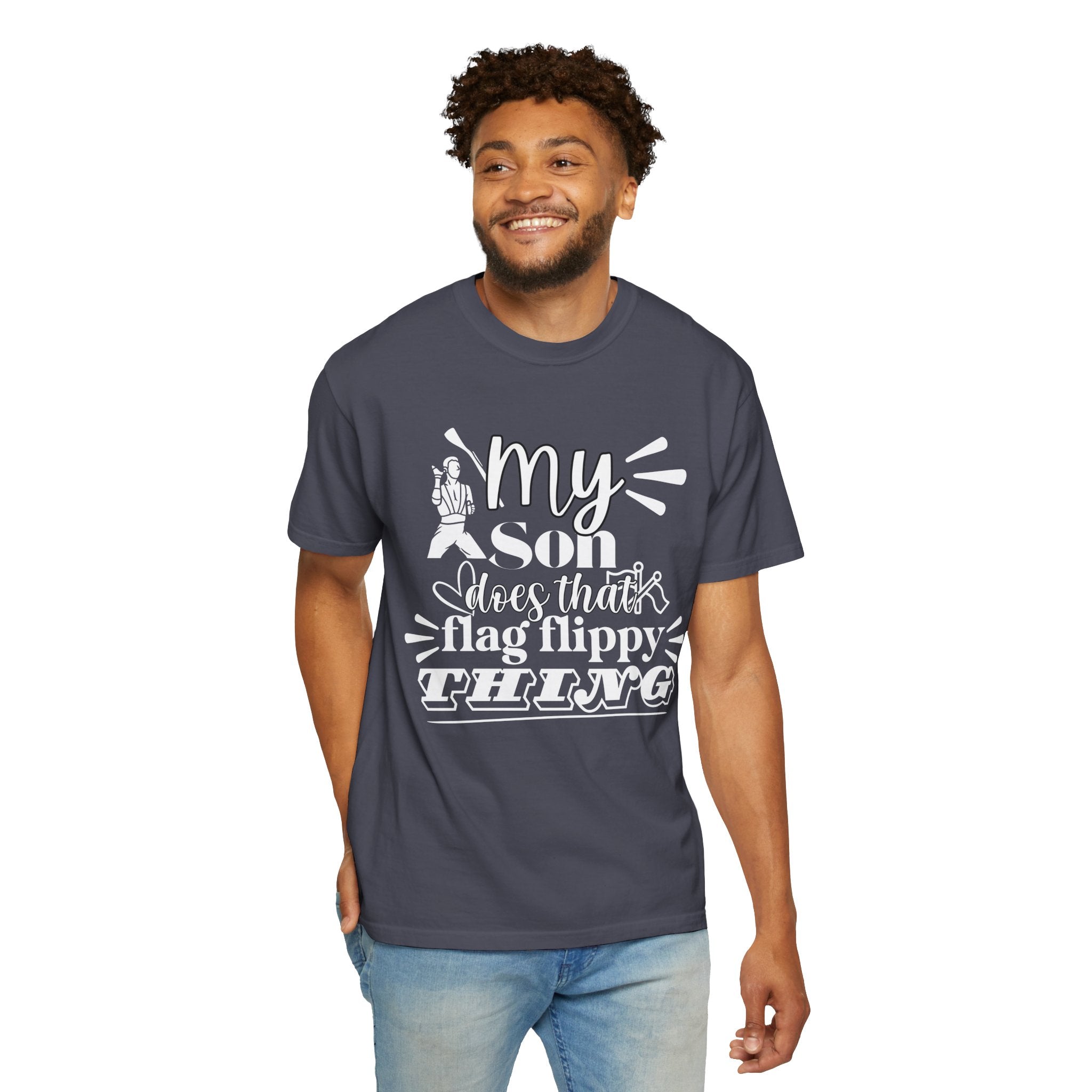 My son does that flippy flag thing- Funny Color guard T-shirt